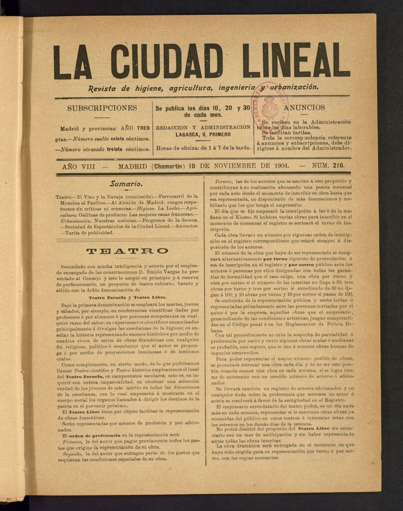 Miniatura de La Ciudad Lineal : órgano oficial de la Compañía Madrileña de Urbanización del 10 de noviembre de 1904