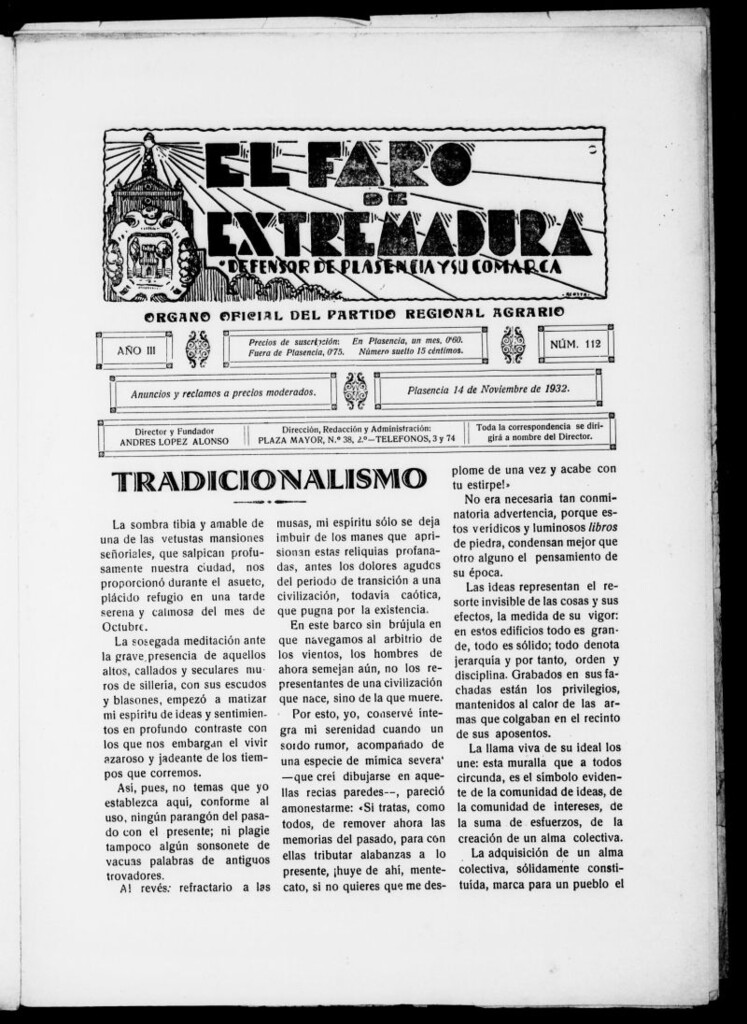 Miniatura de El Faro de Extremadura del 14 de noviembre de 1932, nº 112