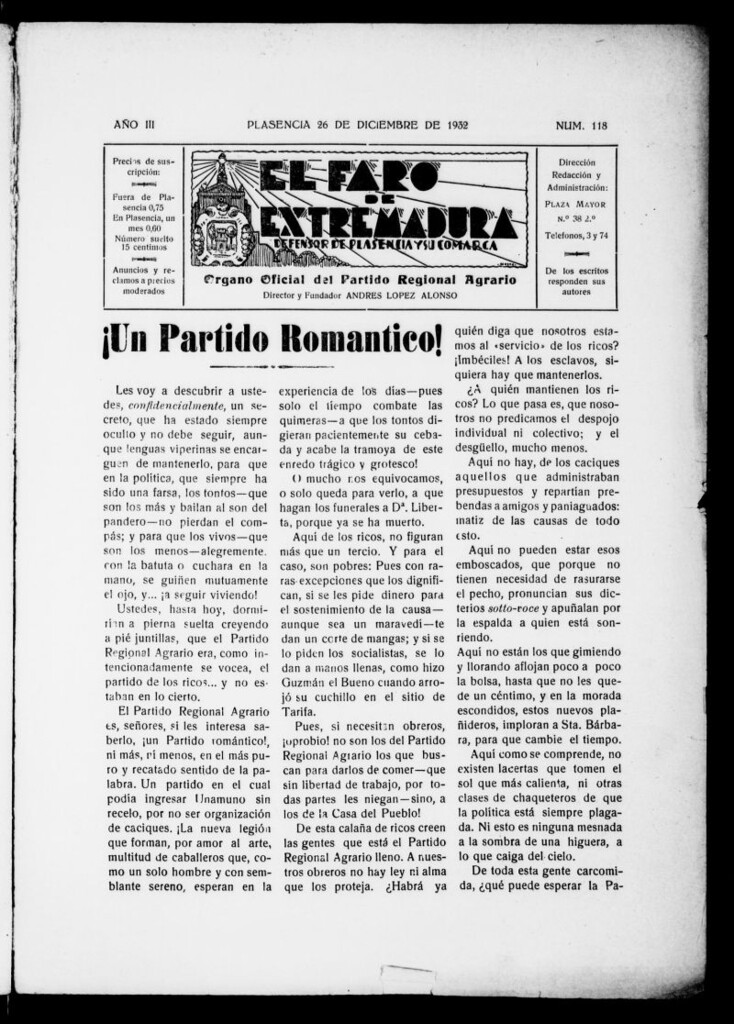Miniatura de El Faro de Extremadura del 26 de diciembre de 1932, nº 118