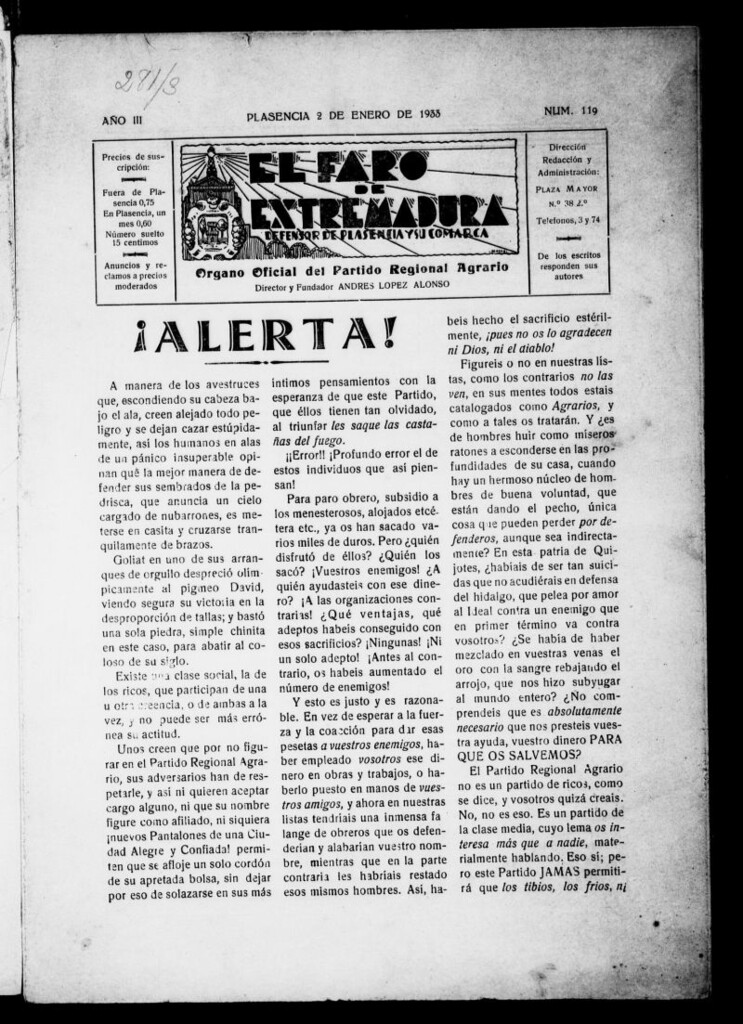 Miniatura de El Faro de Extremadura : periódico defensor de Plasencia y su comarca del 2 de enero de 1933, nº 119