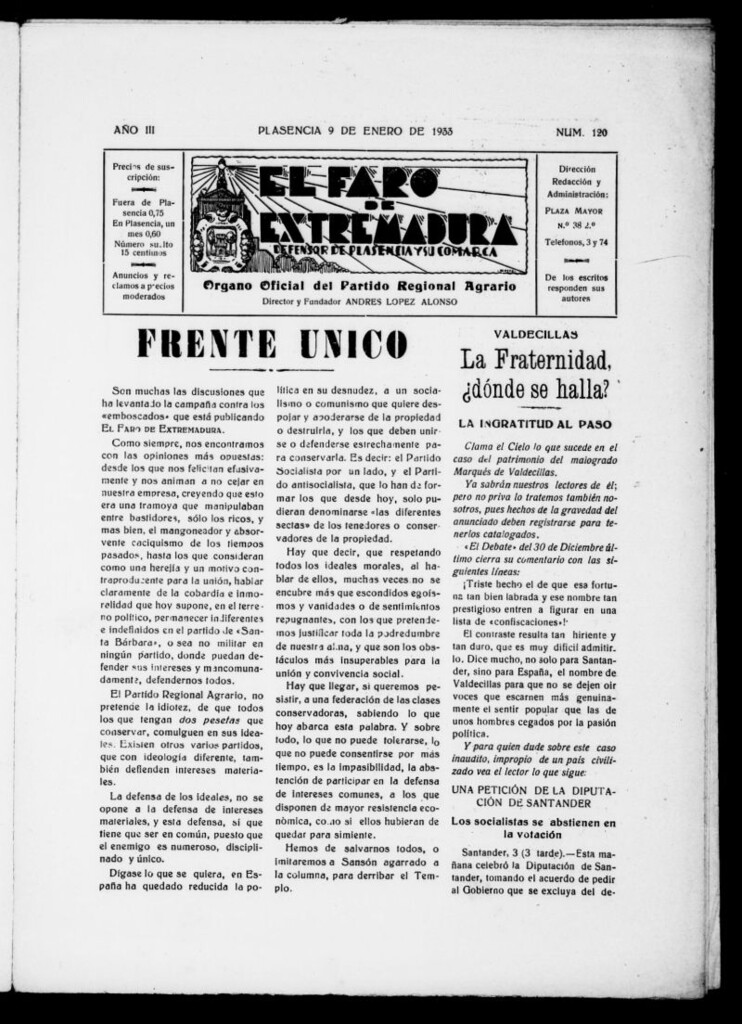 Miniatura de El Faro de Extremadura : periódico defensor de Plasencia y su comarca del 9 de enero de 1933, nº 120