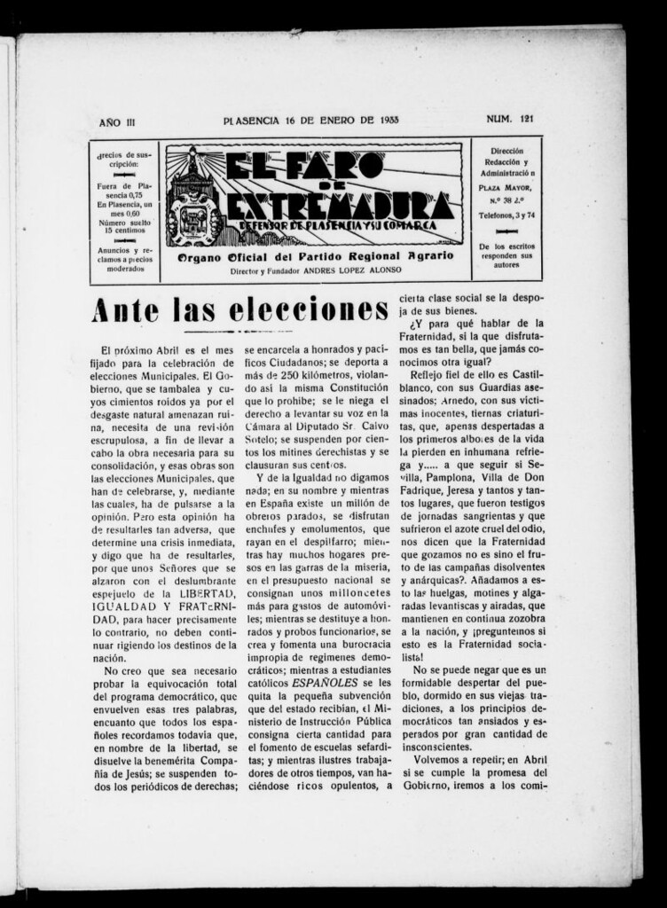 Miniatura de El Faro de Extremadura del 16 de enero de 1933, nº 121