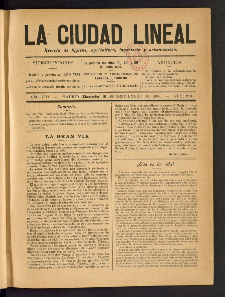 Miniatura de La Ciudad Lineal : órgano oficial de la Compañía Madrileña de Urbanización del 10 de septiembre de 1904