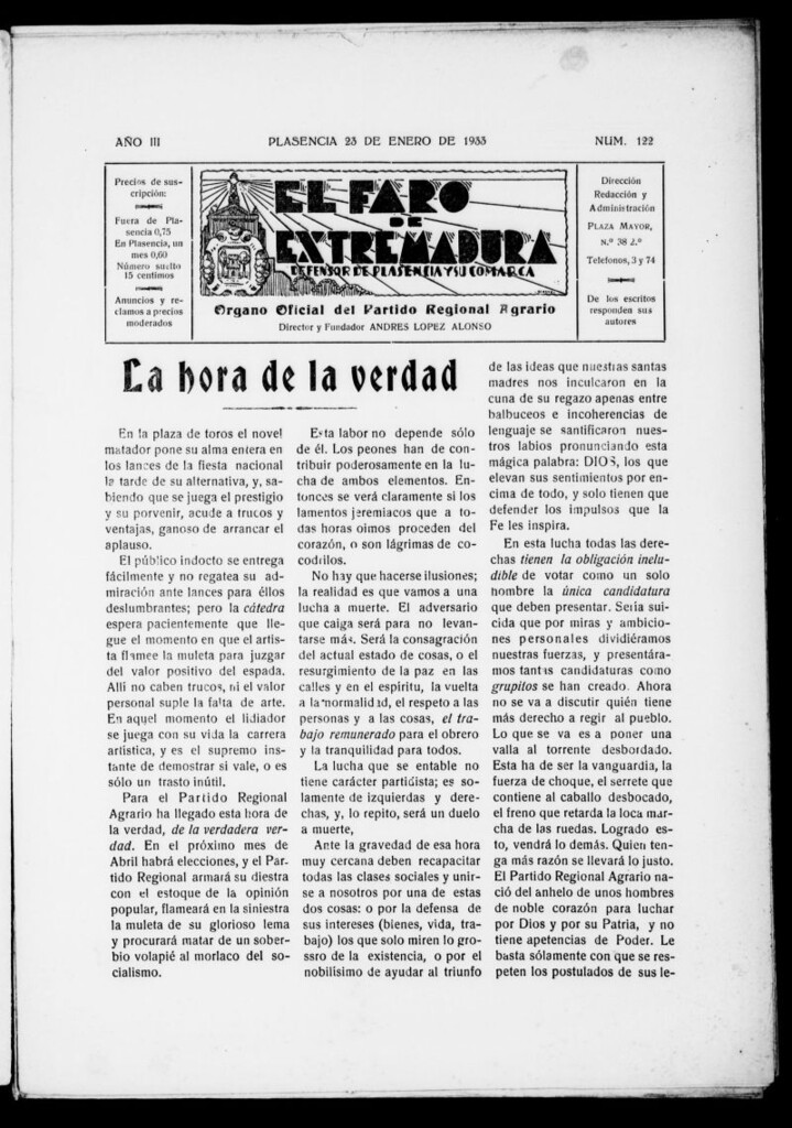 Miniatura de El Faro de Extremadura del 23 de enero de 1933, nº 122