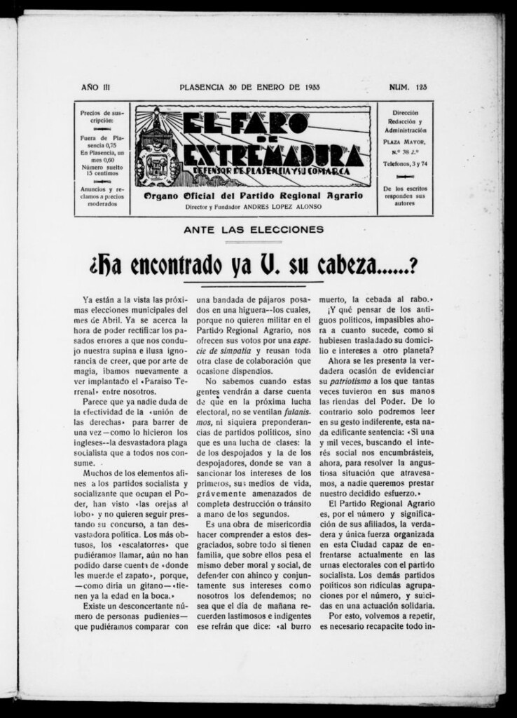 Miniatura de El Faro de Extremadura del 30 de enero de 1933, nº 123