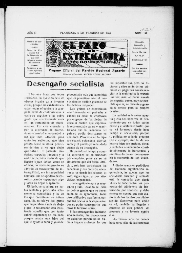 Miniatura de El Faro de Extremadura del 6 de febrero de 1933, nº 124