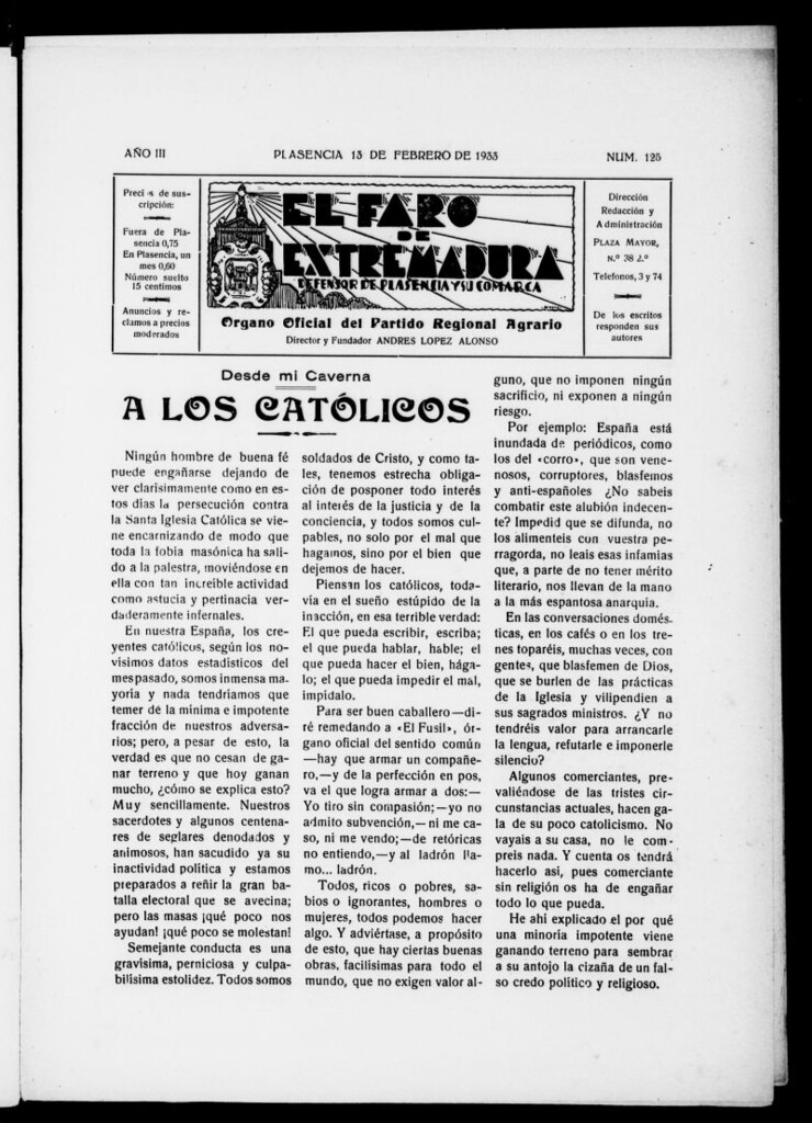 Miniatura de El Faro de Extremadura del 13 de febrero de 1933, nº 125
