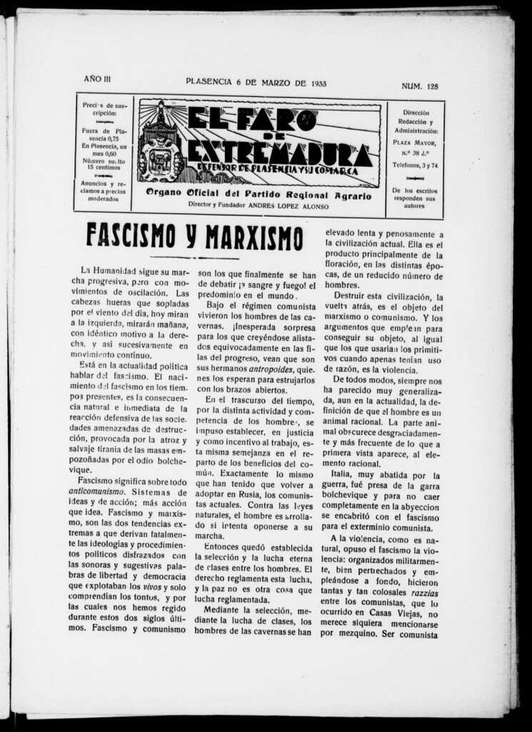 Miniatura de El Faro de Extremadura : periódico defensor de Plasencia y su comarca del 6 de marzo de 1933, nº 128