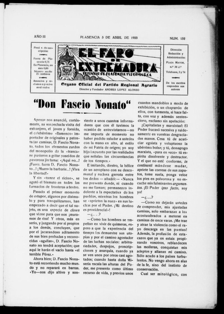 Miniatura de El Faro de Extremadura : periódico defensor de Plasencia y su comarca del 3 de abril de 1933, nº 132