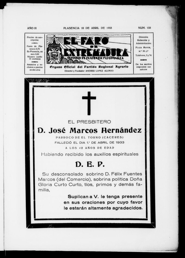 Miniatura de El Faro de Extremadura del 10 de abril de 1933, nº 133