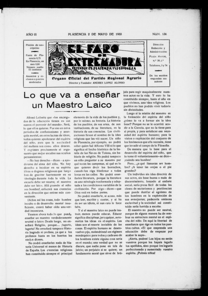 Miniatura de El Faro de Extremadura : periódico defensor de Plasencia y su comarca del 2 de mayo de 1933, nº 136