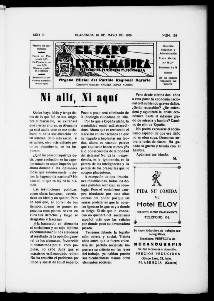 Miniatura de El Faro de Extremadura : periódico defensor de Plasencia y su comarca del 15 de mayo de 1933, nº 138