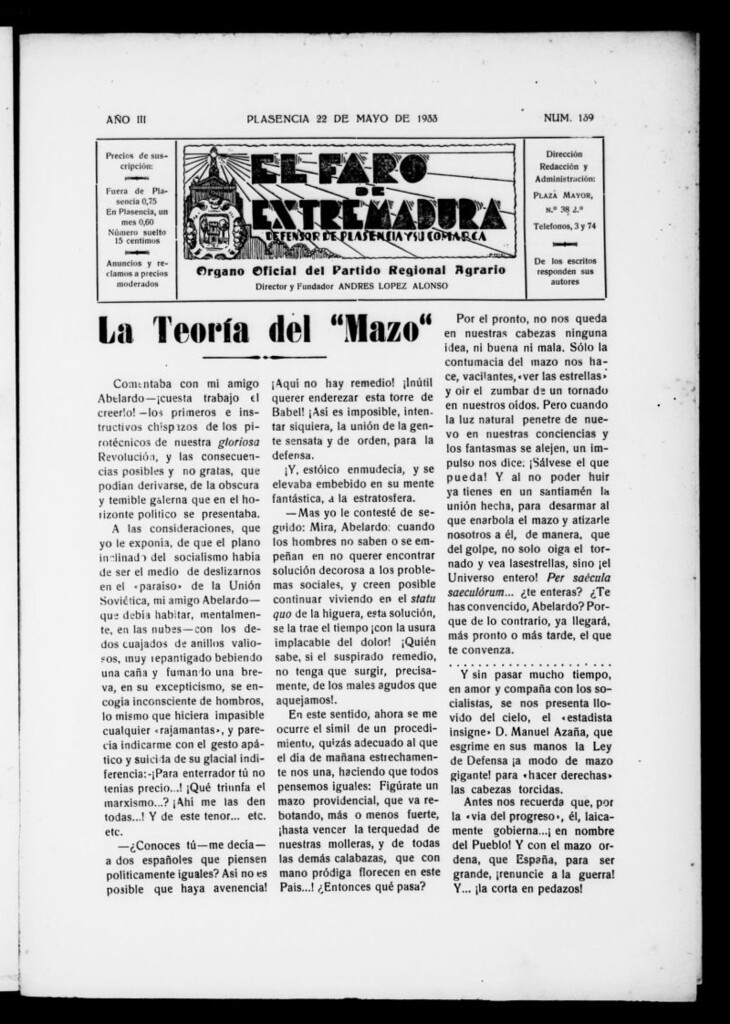 Miniatura de El Faro de Extremadura : periódico defensor de Plasencia y su comarca del 22 de mayo de 1933, nº 139