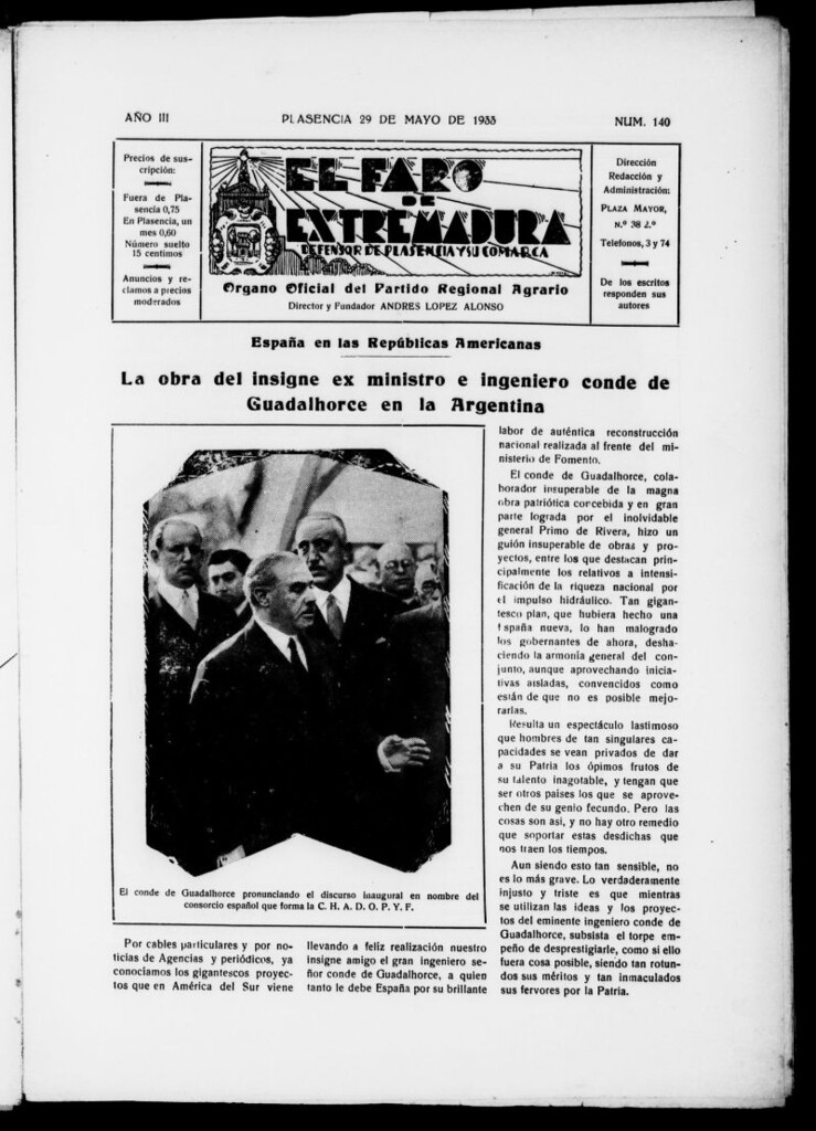 Miniatura de El Faro de Extremadura : periódico defensor de Plasencia y su comarca del 29 de mayo de 1933, nº 140