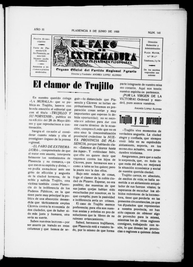 Miniatura de El Faro de Extremadura : periódico defensor de Plasencia y su comarca del 5 de junio de 1933, nº 141