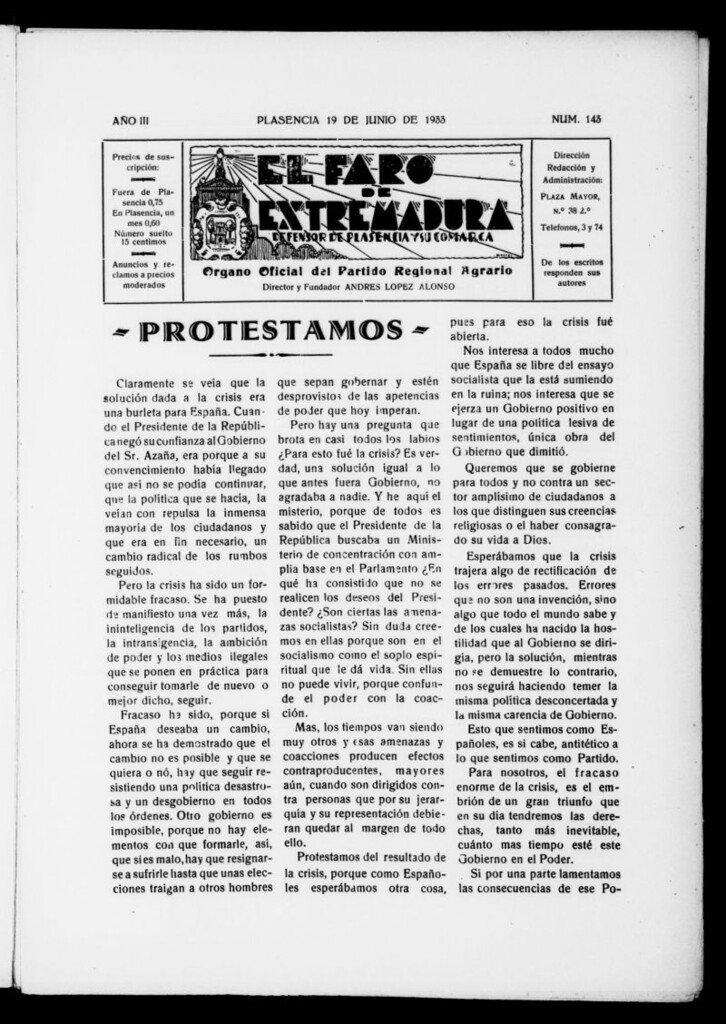 Miniatura de El Faro de Extremadura del 19 de junio de 1933, nº 143