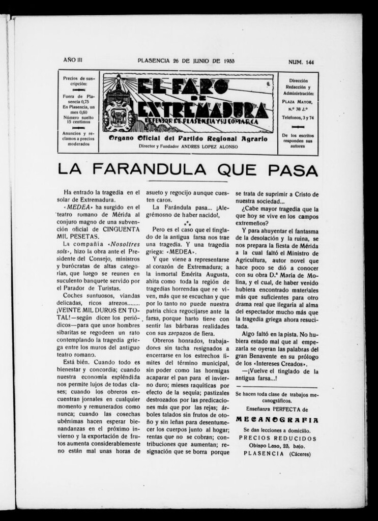 Miniatura de El Faro de Extremadura del 26 de junio de 1933, nº 144