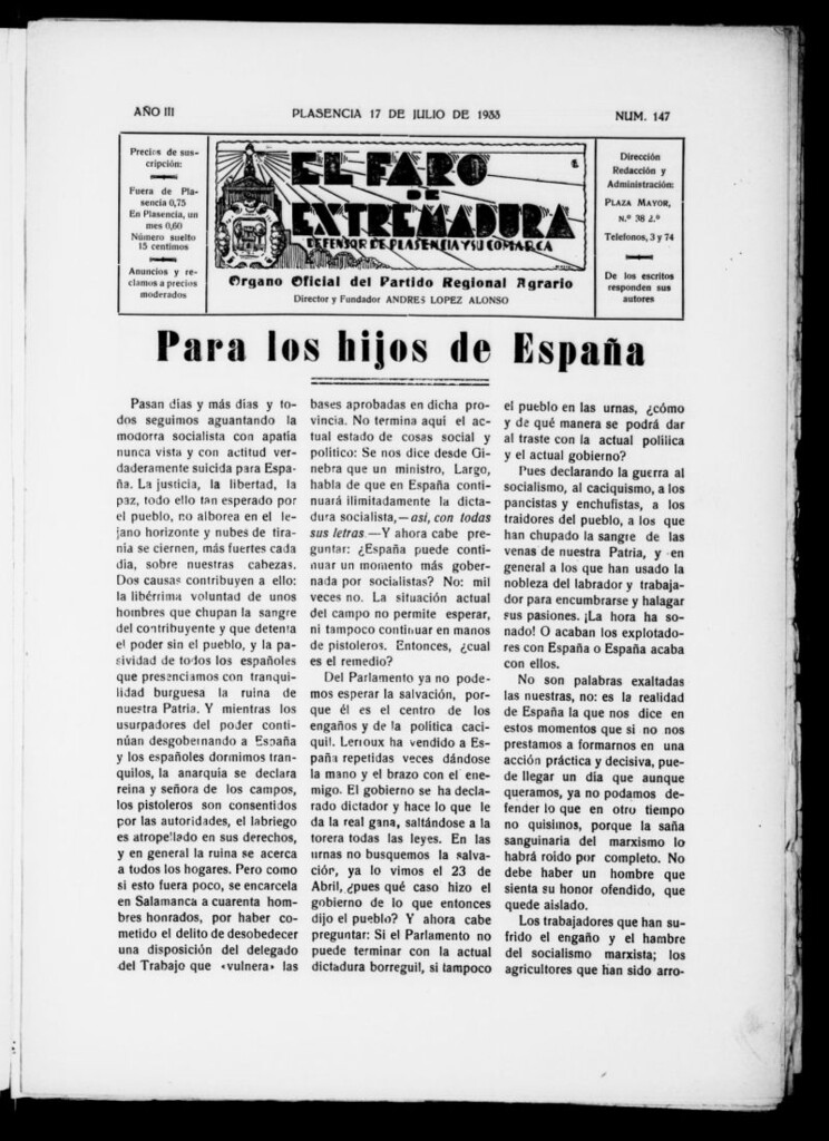Miniatura de El Faro de Extremadura del 17 de julio de 1933, nº 147