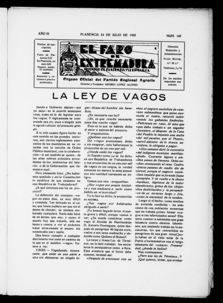 Miniatura de El Faro de Extremadura del 24 de julio de 1933, nº 148