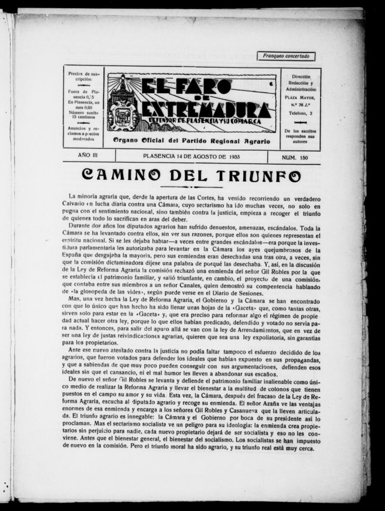 Miniatura de El Faro de Extremadura del 14 de agosto de 1933, nº 150