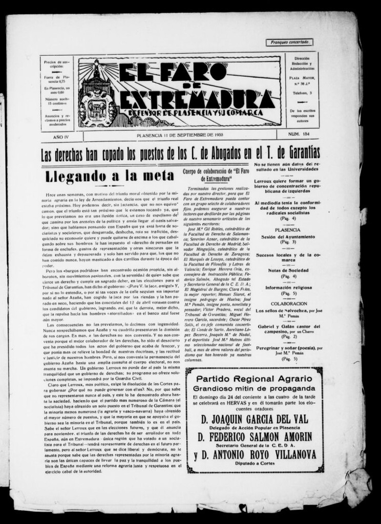Miniatura de El Faro de Extremadura del 11 de septiembre de 1933, nº 154