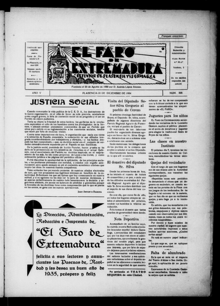 Miniatura de El Faro de Extremadura del 31 de diciembre de 1934, nº 225