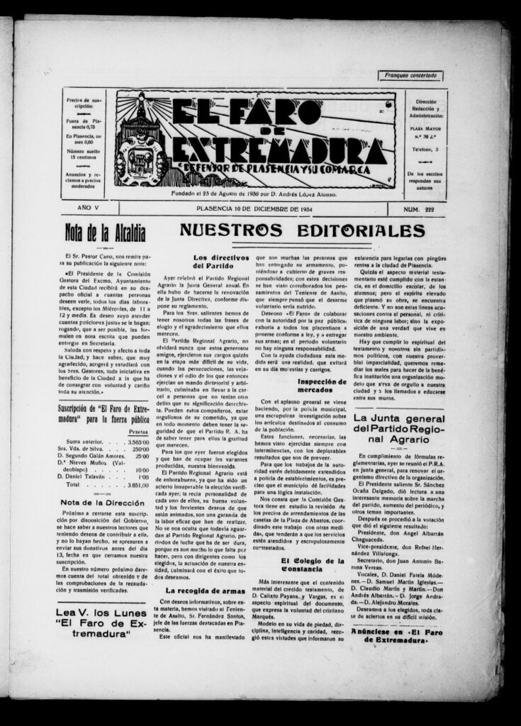 Miniatura de El Faro de Extremadura del 10 de diciembre de 1934, nº 222