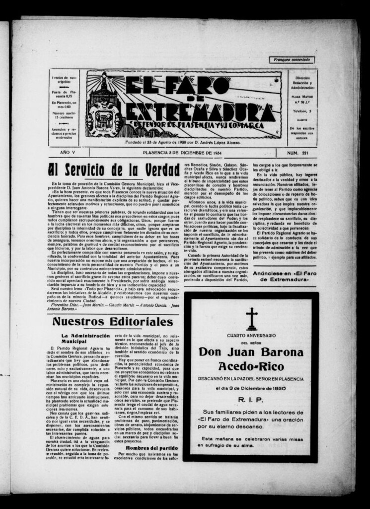 Miniatura de El Faro de Extremadura del 3 de diciembre de 1934, nº 221