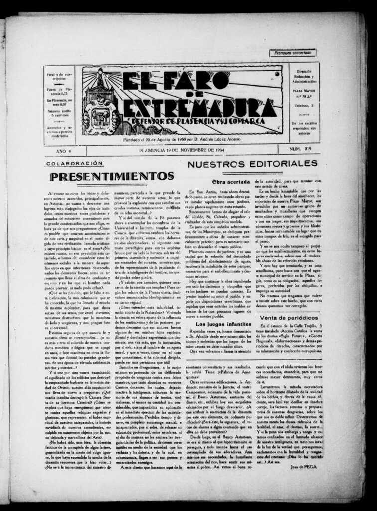 Miniatura de El Faro de Extremadura del 19 de noviembre de 1934, nº 219