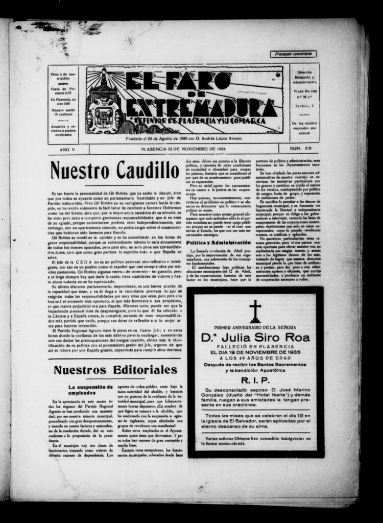 Miniatura de El Faro de Extremadura del 12 de noviembre de 1934, nº 218