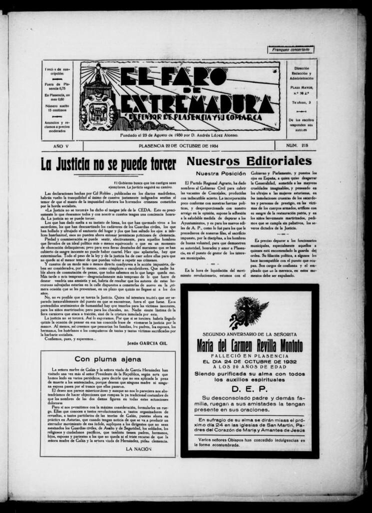 Miniatura de El Faro de Extremadura del 22 de octubre de 1934, nº 215