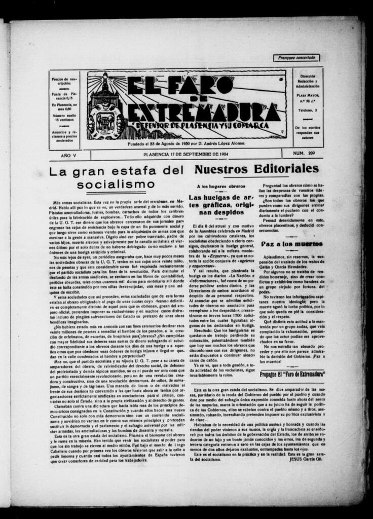 Miniatura de El Faro de Extremadura del 17 de septiembre de 1934, nº 209