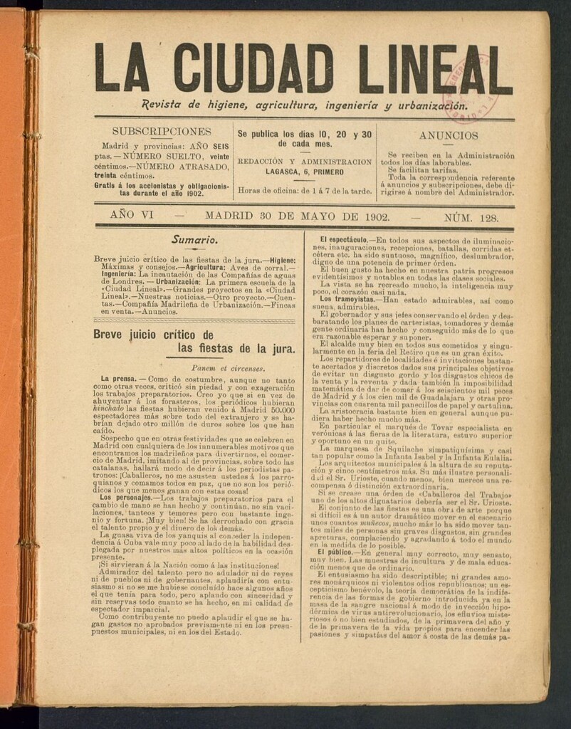 Miniatura de La Ciudad Lineal : órgano oficial de la Compañia Madrileña de Urbanización del 30 de mayo de 1902