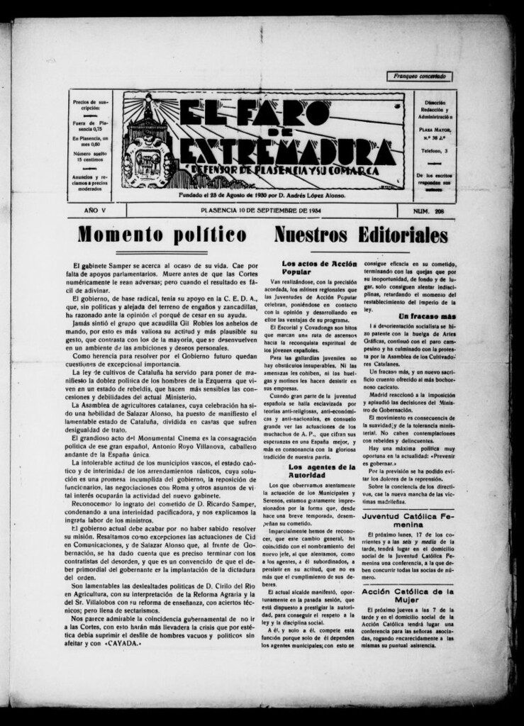 Miniatura de El Faro de Extremadura del 10 de septiembre de 1934, nº 208