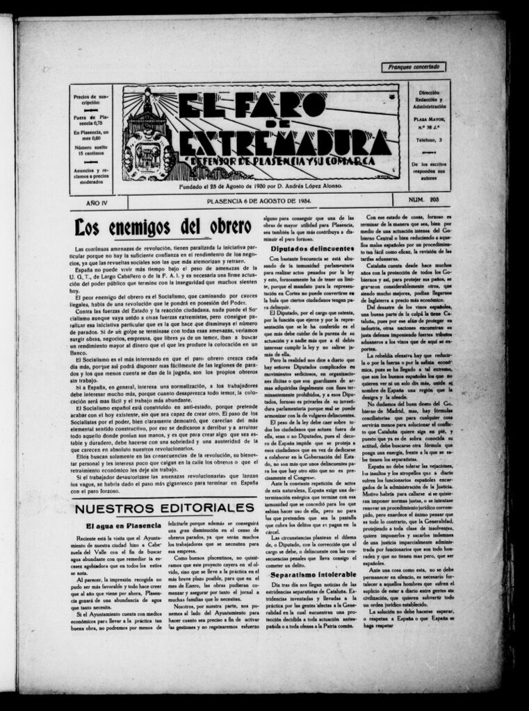 Miniatura de El Faro de Extremadura del 6 de agosto de 1934, nº 203