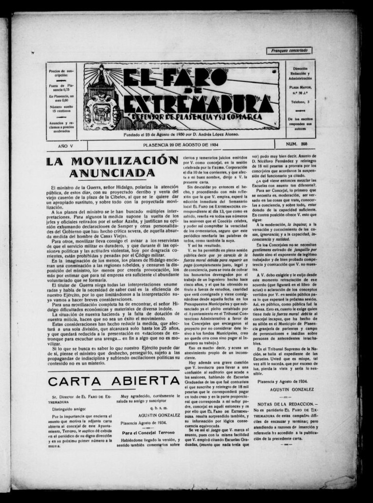 Miniatura de El Faro de Extremadura del 20 de agosto de 1934, nº 205