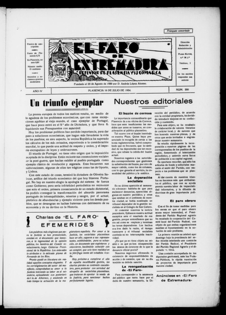 Miniatura de El Faro de Extremadura del 16 de julio de 1934, nº 200