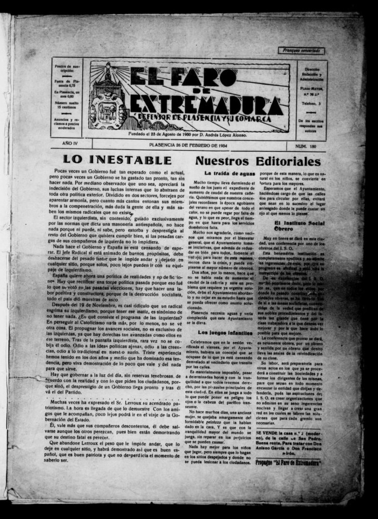 Miniatura de El Faro de Extremadura del 26 de febrero de 1934, nº 180