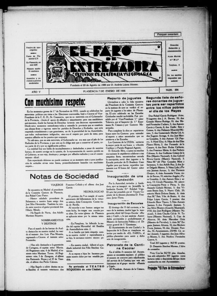 Miniatura de El Faro de Extremadura : periódico defensor de Plasencia y su comarca del 7 de enero de 1935, nº 226