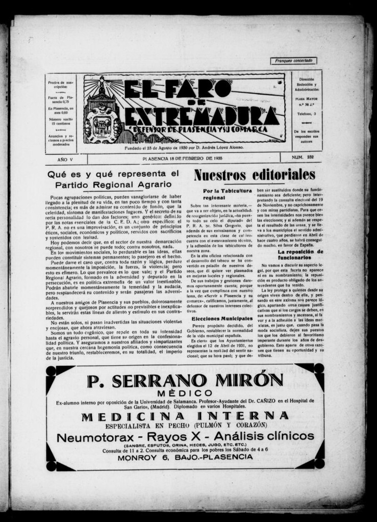 Miniatura de El Faro de Extremadura del 18 de febrero de 1935, nº 232