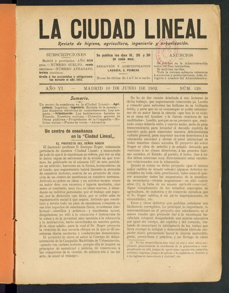Miniatura de La Ciudad Lineal : órgano oficial de la Compañia Madrileña de Urbanización del 10 de junio de 1902