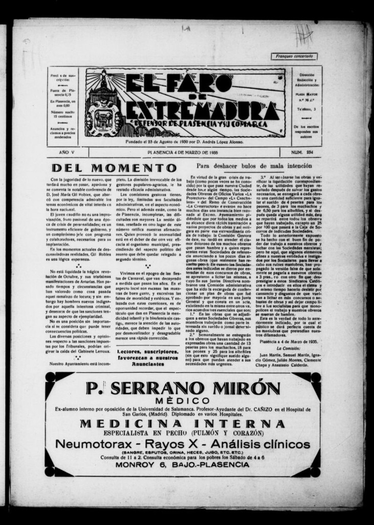 Miniatura de El Faro de Extremadura : periódico defensor de Plasencia y su comarca del 4 de marzo de 1935, nº 234