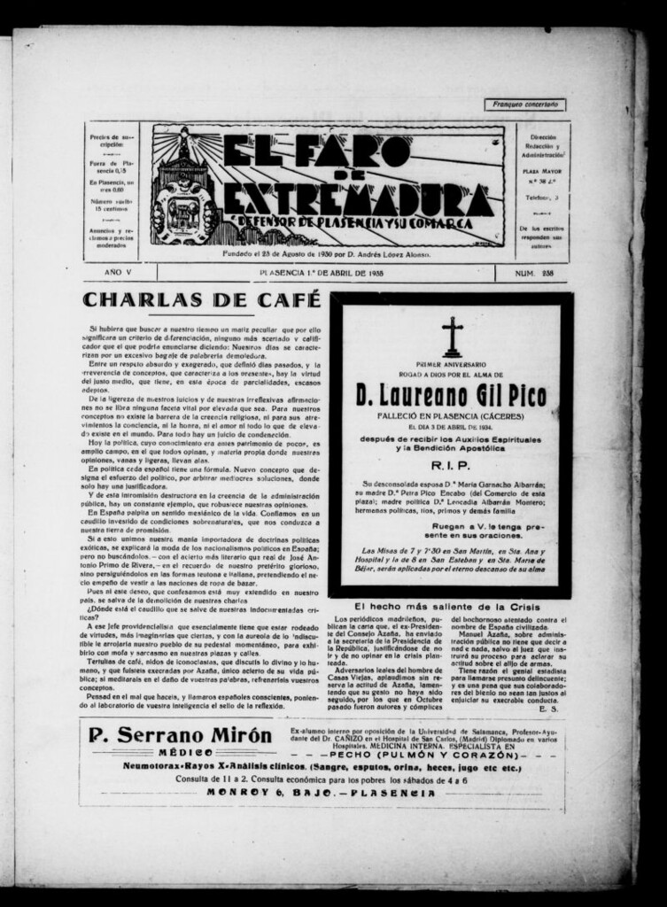 Miniatura de El Faro de Extremadura : periódico defensor de Plasencia y su comarca del 1 de abril de 1935, nº 238