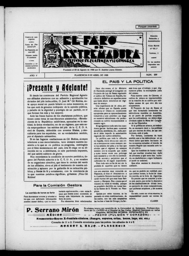 Miniatura de El Faro de Extremadura : periódico defensor de Plasencia y su comarca del 8 de abril de 1935, nº 239