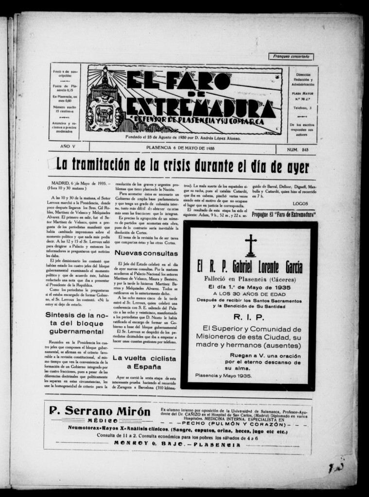 Miniatura de El Faro de Extremadura : periódico defensor de Plasencia y su comarca del 6 de mayo de 1935, nº 243