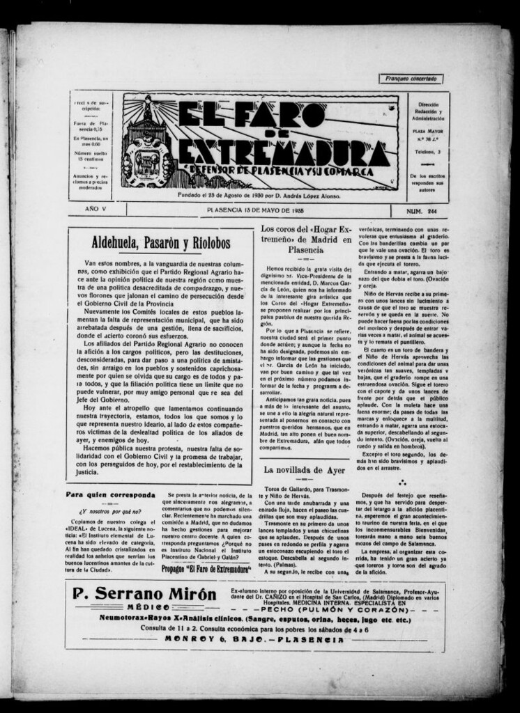 Miniatura de El Faro de Extremadura : periódico defensor de Plasencia y su comarca del 13 de mayo de 1935, nº 244