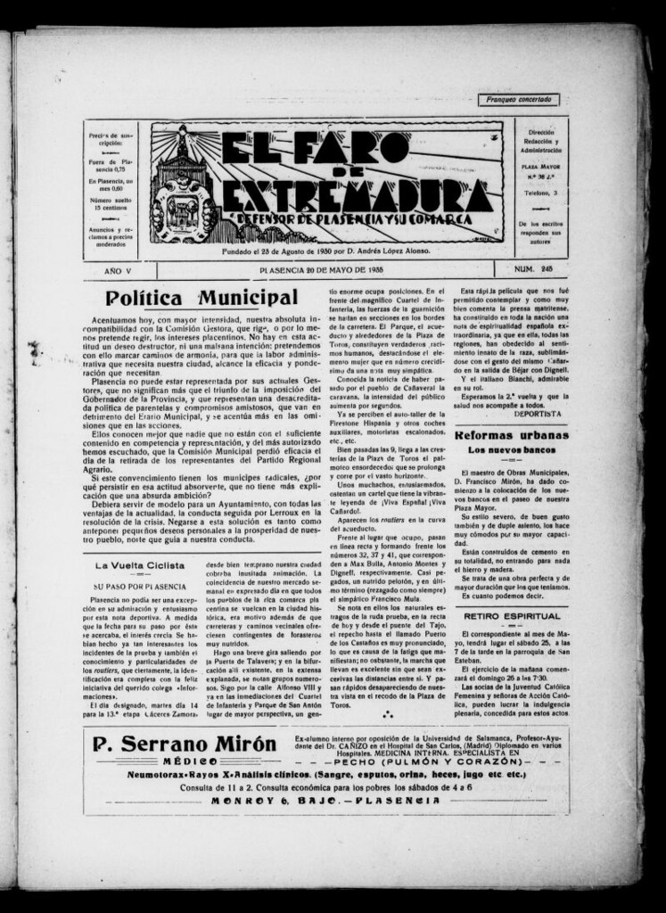 Miniatura de El Faro de Extremadura : periódico defensor de Plasencia y su comarca del 20 de mayo de 1935, nº 245