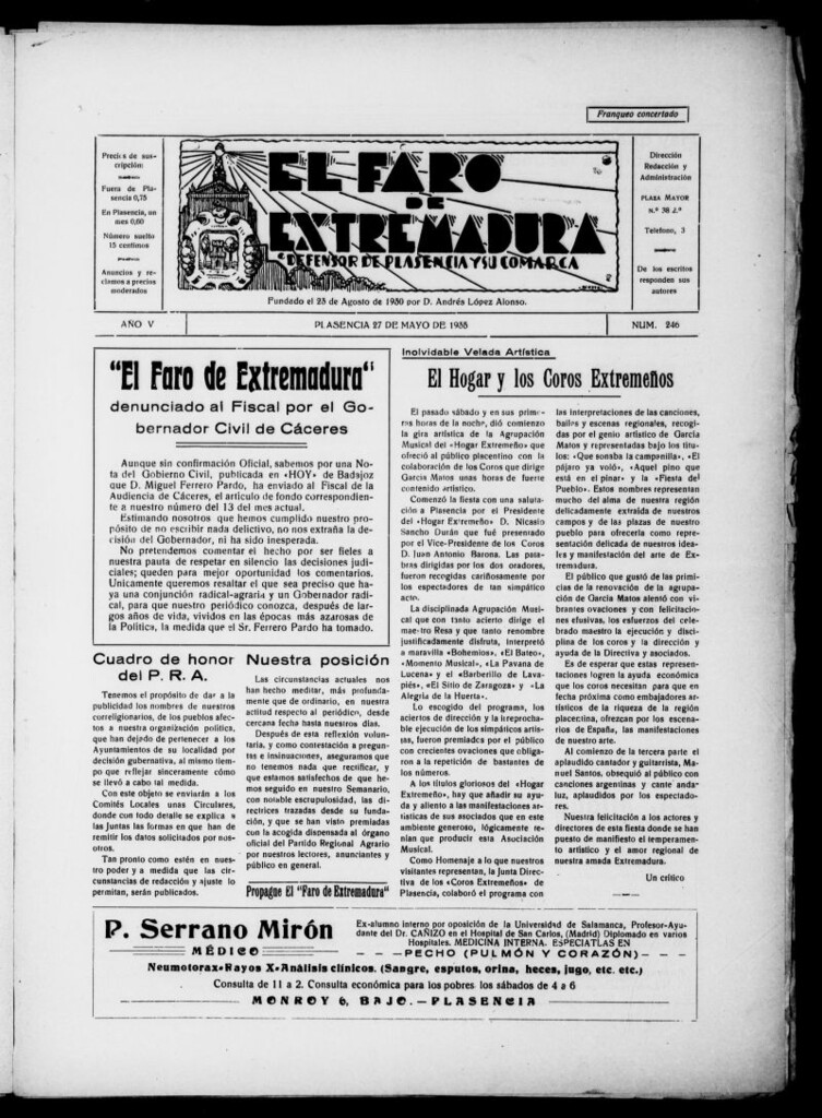 Miniatura de El Faro de Extremadura : periódico defensor de Plasencia y su comarca del 27 de mayo de 1935, nº 246
