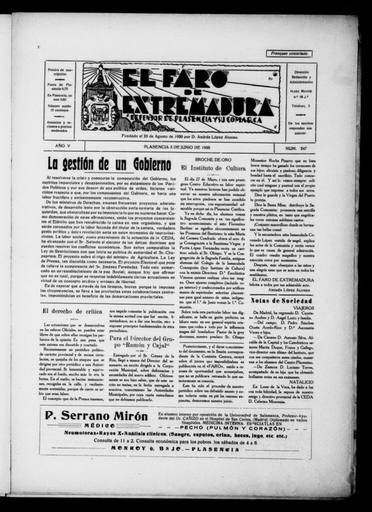 Miniatura de El Faro de Extremadura : periódico defensor de Plasencia y su comarca del 3 de junio de 1935, nº 247