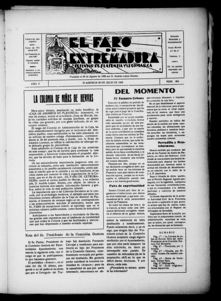 Miniatura de El Faro de Extremadura del 22 de julio de 1935, nº 254